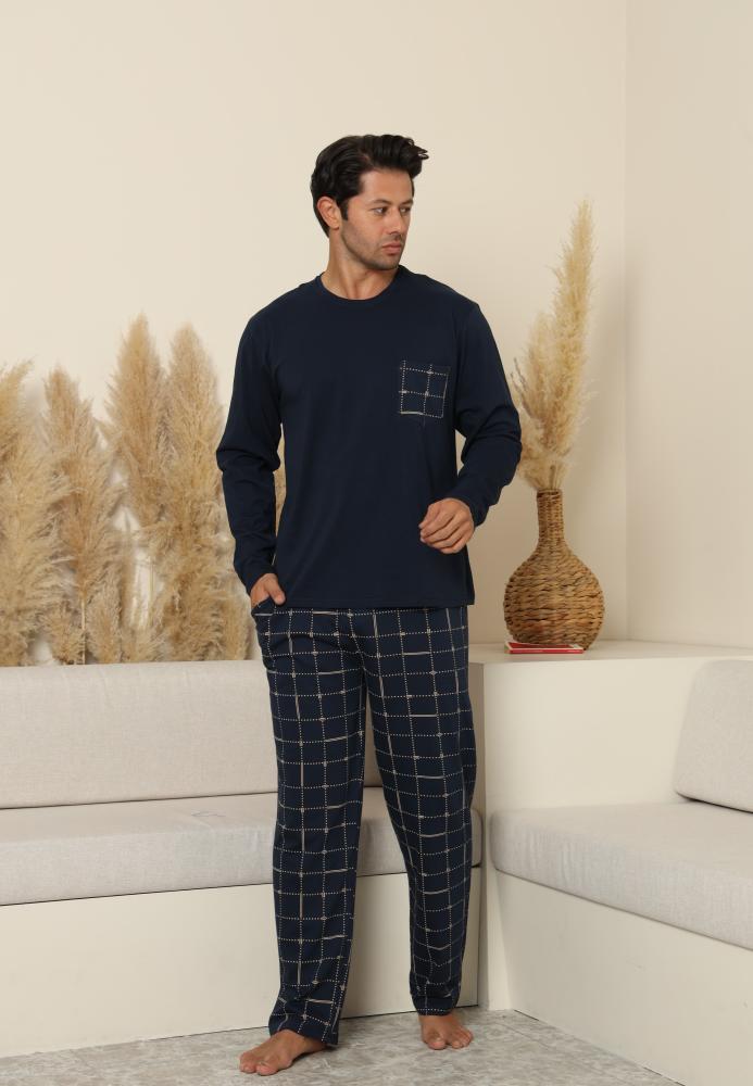 Pijama Barbati ,Maneca si Pantaloni Lungi,Culoare Bleumarin cu Crem ,Engros